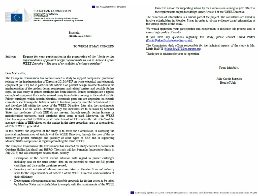 Výzkum Evropské komise v oblasti renovací tonerových a inkoustových kazet